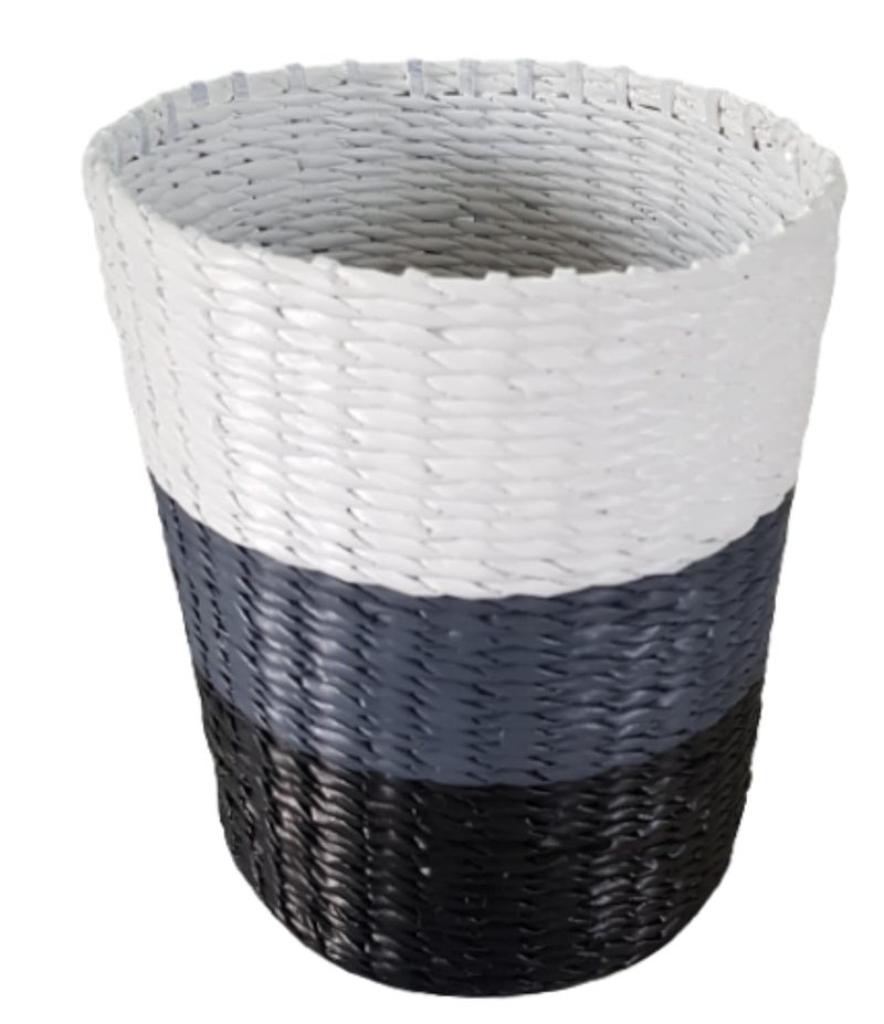 Sonas Creation Paperus Standard Size 10 liter 11 Inch Tall Black White Grey Opentop Dustbin Waste Basket Trash Can Storage Basket Ecofriendly Handmade of Paper Ropes - Image 1