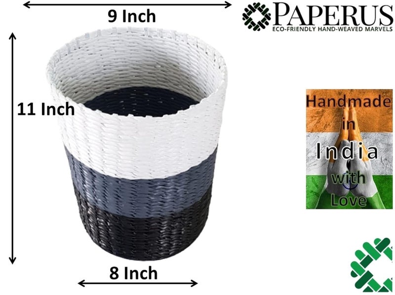 Sonas Creation Paperus Standard Size 10 liter 11 Inch Tall Black White Grey Opentop Dustbin Waste Basket Trash Can Storage Basket Ecofriendly Handmade of Paper Ropes - Image 2