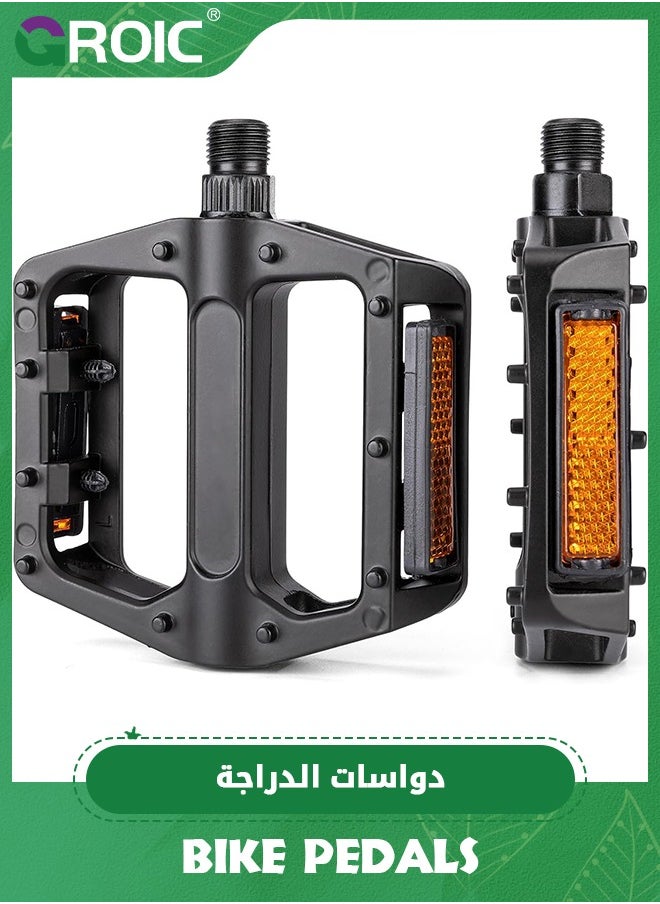 GROIC Mountain Bike Pedals 9/16 Inch - Bicycle Flat Pedals with Reflectors - Lightweight Aluminum Alloy Wide Platform Pedals for Mountain Bike, BMX, Road Bike Pedals  - Image 1