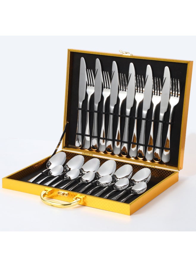Stainless Steel 1010 Cutlery Set 24 Pieces Titanium Coated Western Dining Utensils Gift Box Set Export Gifts-Color:Original Steel Color 24 Pieces-gold Box  - Image 1