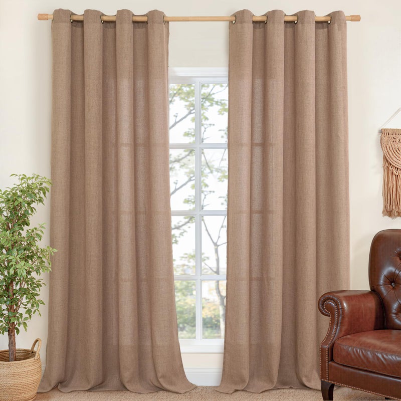 YoungsTex Mocha Brown Linen Curtains 95 Inch Length for Living Room, Light Filtering Drapes with Grommet Semi Sheer Floor Length for Dining Bedroom Window, 2 Panels, 52 X 95 Inch - Image 1