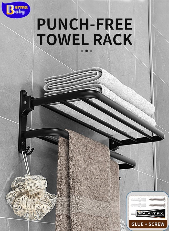 Towel Racks, Dual Folding Towel Rack, Bathroom Towel Rack Wall Mounted, for More Stable Storage, Waterproof & Rustproof Space Aluminum (Black, 60cm)  - Image 1