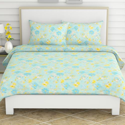 haus & kinder 100% Cotton Bedsheet for King Size, 120 TC, King Size Bed Sheet for Double Bed with 2 Pillow Cover, Blue Bell Blooms - Image 1
