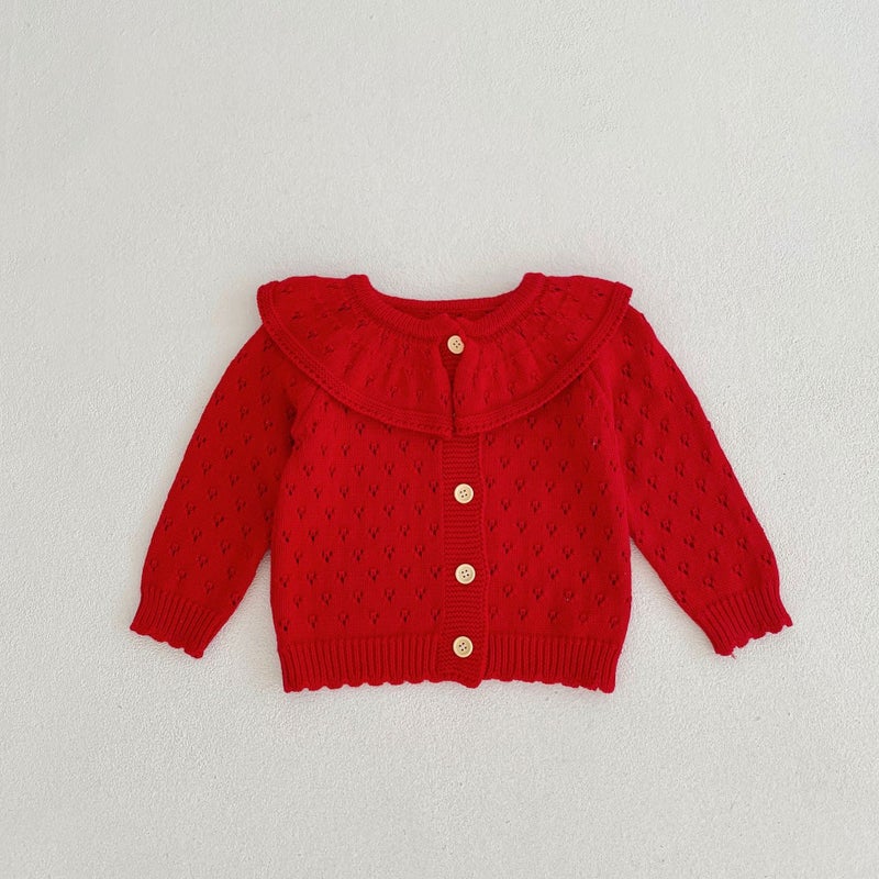Style 0-3 Year Old Baby Girl Cotton Yarn Knitted Cardigan Lotus Leaf Collar Cut Out Long-Sleeved Sweater Jacket - Image 1