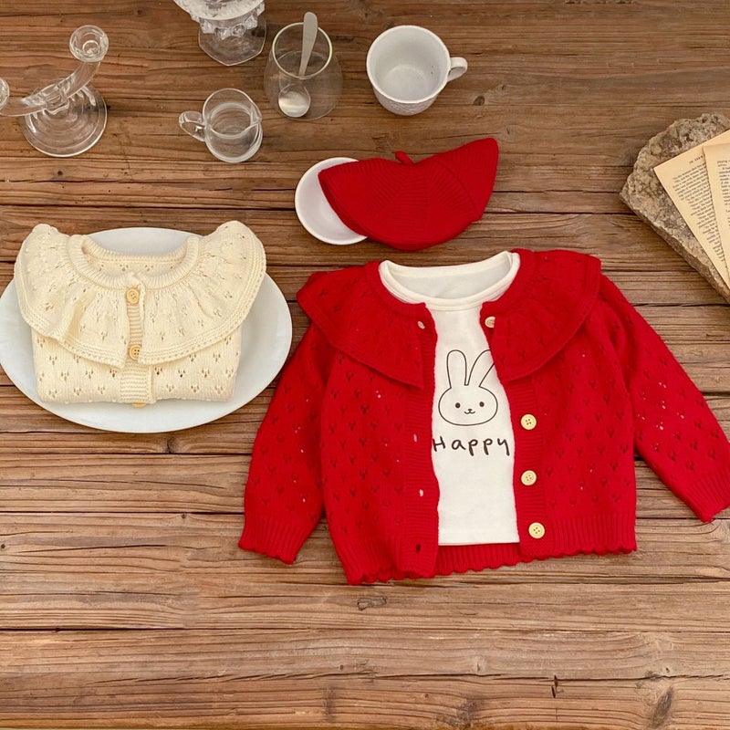 Style 0-3 Year Old Baby Girl Cotton Yarn Knitted Cardigan Lotus Leaf Collar Cut Out Long-Sleeved Sweater Jacket - Image 4