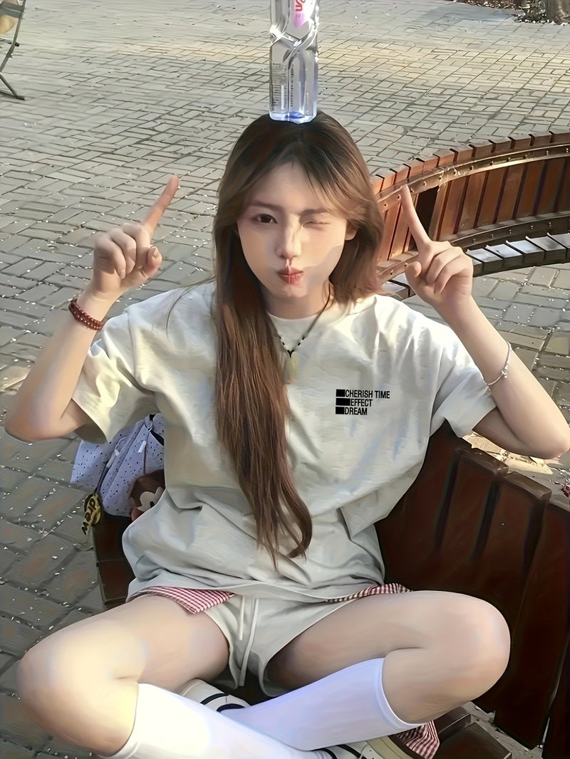 Women's Y2K Korean Style Oversized T - Shirt - Short Sleeve Top with Longline Length, Round Neck Summer Tee for Korean Fashion Outfits (Non - Stretch) - Ash / XS - Image 2