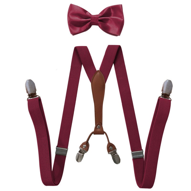 Fashionable Trendy Unisex Elastic Adjustable Suspenders Anti-slip Universal Bib Pants For Adults Kids Loose Fitting Burgundy 