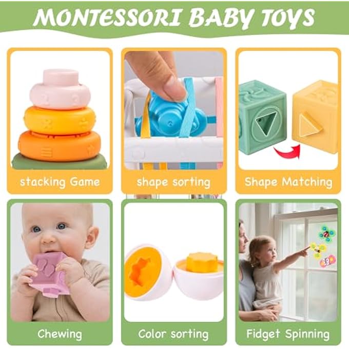 6-IN-1 BABY TOYS 6-18 MONTHS, MONTESSORI TOYS FOR BABIES 6-12-18 MONTHS, INFANT TEETHING TOY STACKING BLOCKS RINGS SENSORY BIN, SORTING SENSORY EDUCATIONAL LEARNING GIFT FOR TODDLERS AGED 1-3 - Image 4