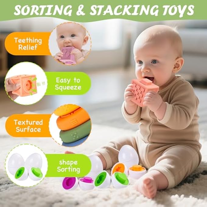 6-IN-1 BABY TOYS 6-18 MONTHS, MONTESSORI TOYS FOR BABIES 6-12-18 MONTHS, INFANT TEETHING TOY STACKING BLOCKS RINGS SENSORY BIN, SORTING SENSORY EDUCATIONAL LEARNING GIFT FOR TODDLERS AGED 1-3 - Image 5