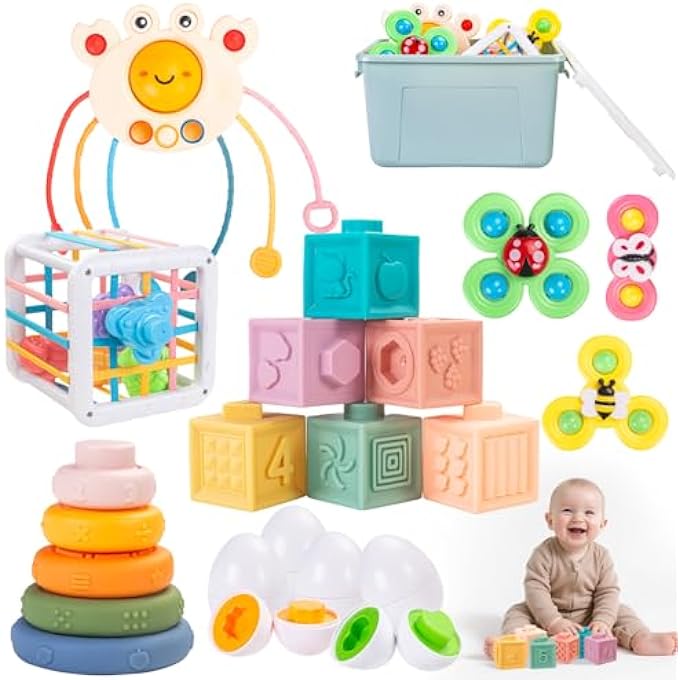6-IN-1 BABY TOYS 6-18 MONTHS, MONTESSORI TOYS FOR BABIES 6-12-18 MONTHS, INFANT TEETHING TOY STACKING BLOCKS RINGS SENSORY BIN, SORTING SENSORY EDUCATIONAL LEARNING GIFT FOR TODDLERS AGED 1-3 - Image 1