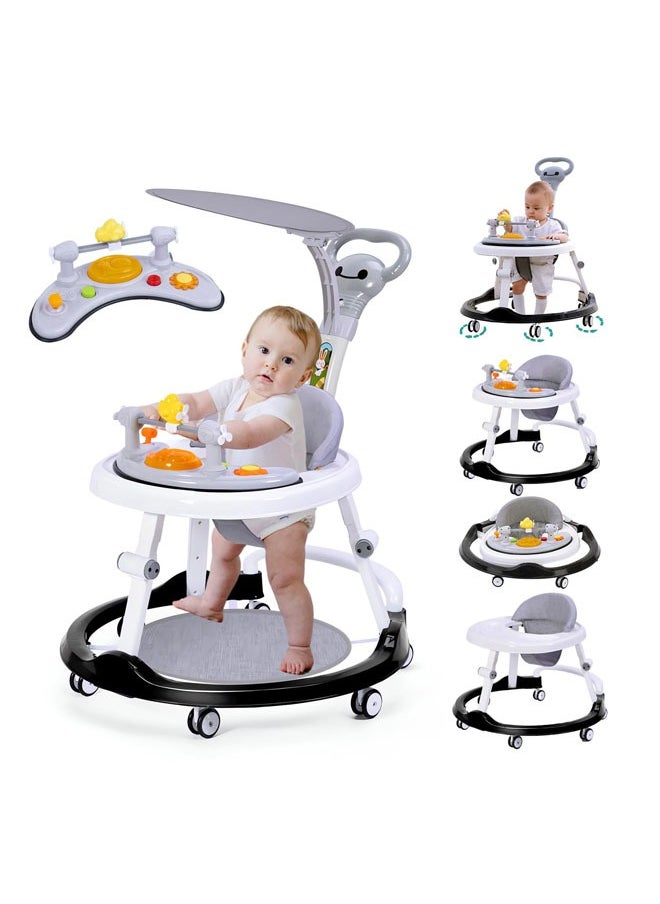 Denzoz - Baby Walker 5 in 1 Foldable Baby Walker with Wheels Music Baby Toddler Walker with Push Handle Baby Bouncer Food Tray Sunshade Baby Walkers Grey for Babies 6 to 12 Months Boys Girls - Image 1