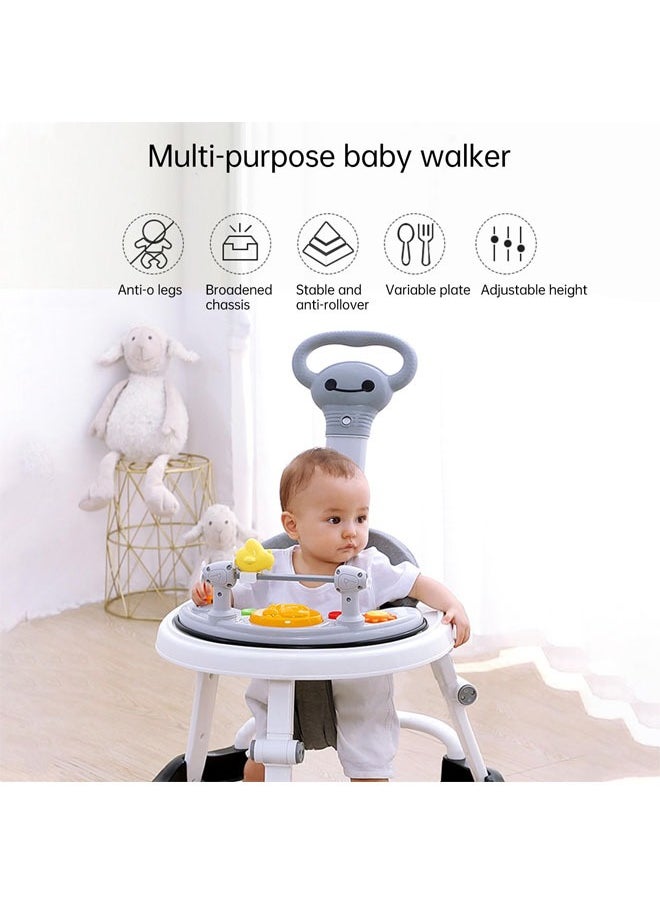 Denzoz - Baby Walker 5 in 1 Foldable Baby Walker with Wheels Music Baby Toddler Walker with Push Handle Baby Bouncer Food Tray Sunshade Baby Walkers Grey for Babies 6 to 12 Months Boys Girls - Image 1