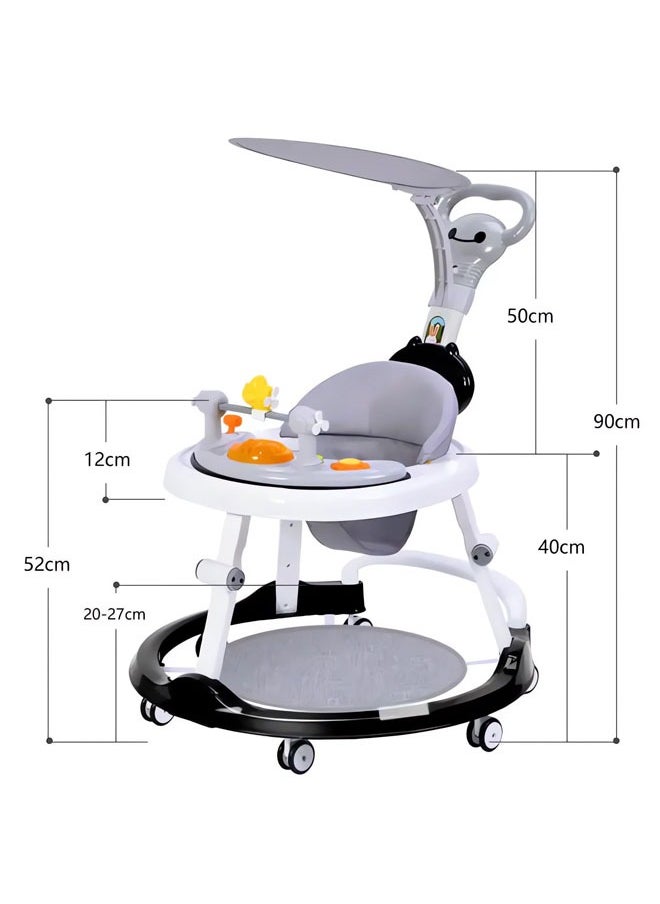 Denzoz - Baby Walker 5 in 1 Foldable Baby Walker with Wheels Music Baby Toddler Walker with Push Handle Baby Bouncer Food Tray Sunshade Baby Walkers Grey for Babies 6 to 12 Months Boys Girls - Image 1