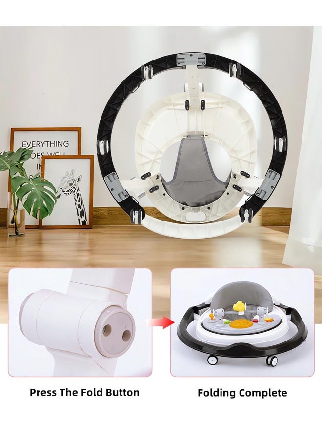 Denzoz - Baby Walker 5 in 1 Foldable Baby Walker with Wheels Music Baby Toddler Walker with Push Handle Baby Bouncer Food Tray Sunshade Baby Walkers Grey for Babies 6 to 12 Months Boys Girls - Image 1