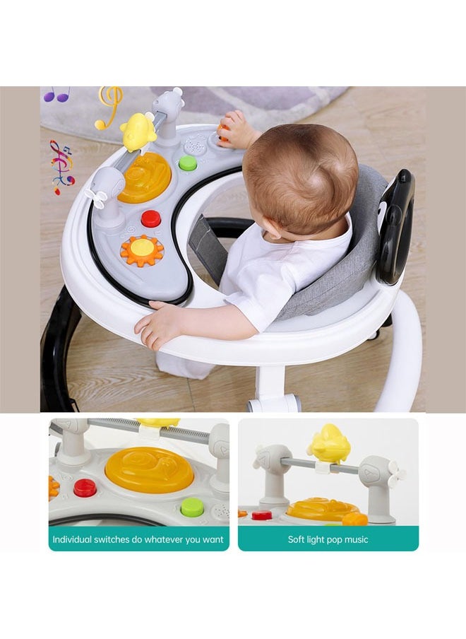 Denzoz - Baby Walker 5 in 1 Foldable Baby Walker with Wheels Music Baby Toddler Walker with Push Handle Baby Bouncer Food Tray Sunshade Baby Walkers Grey for Babies 6 to 12 Months Boys Girls - Image 1