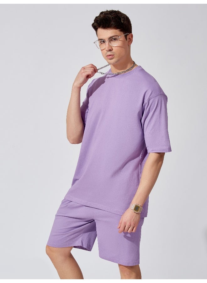 Maniac Mens Solid Round Neck 3/4th Sleeve Lavender Tshirt and Lavender Short Cotton Oversized Fit Tracksuit  - Image 4