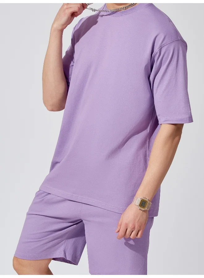 Maniac Mens Solid Round Neck 3/4th Sleeve Lavender Tshirt and Lavender Short Cotton Oversized Fit Tracksuit