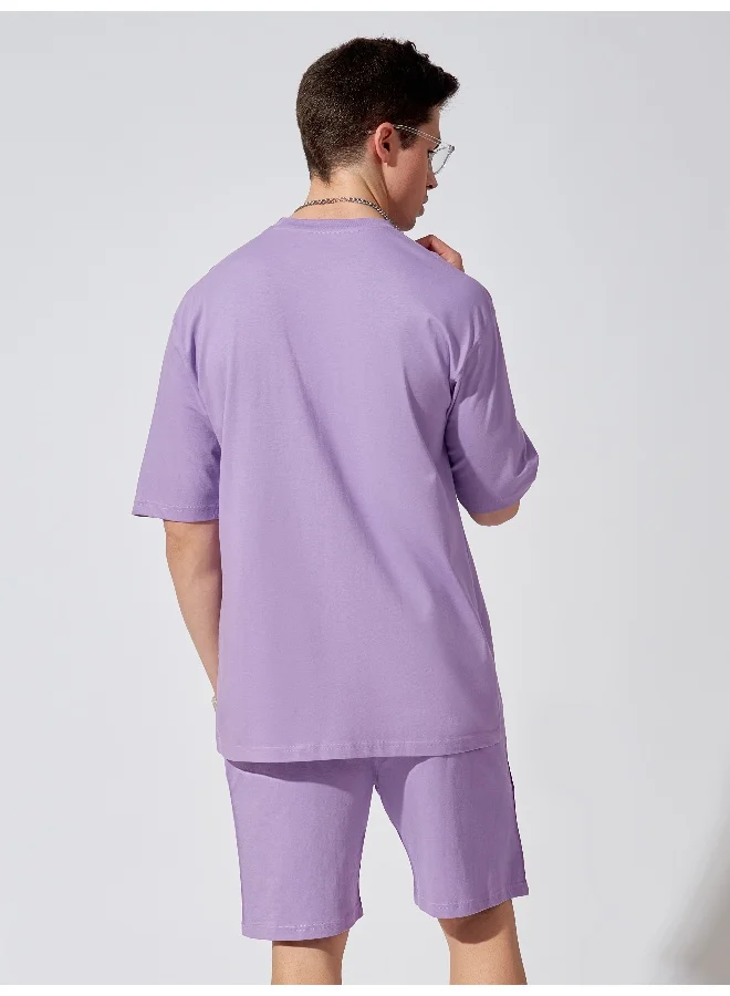 Maniac Mens Solid Round Neck 3/4th Sleeve Lavender Tshirt and Lavender Short Cotton Oversized Fit Tracksuit