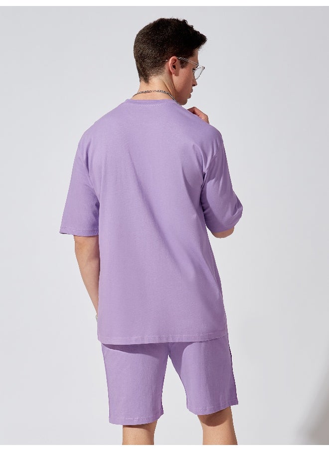 Maniac Mens Solid Round Neck 3/4th Sleeve Lavender Tshirt and Lavender Short Cotton Oversized Fit Tracksuit  - Image 3