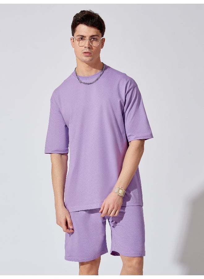 Maniac Mens Solid Round Neck 3/4th Sleeve Lavender Tshirt and Lavender Short Cotton Oversized Fit Tracksuit  - Image 1
