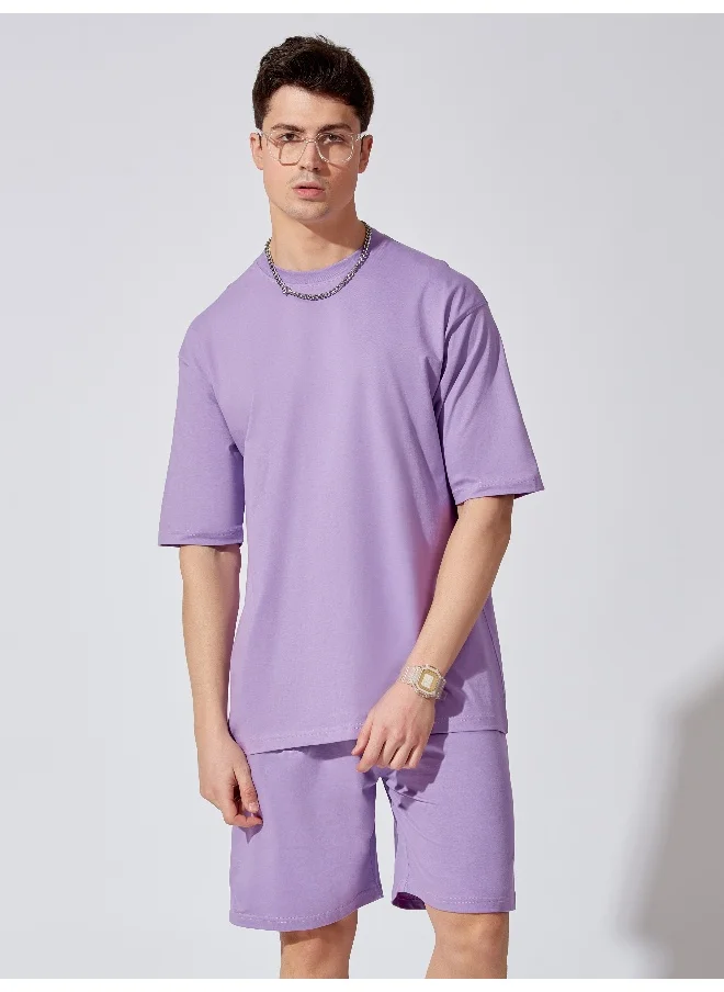 مانياك Mens Solid Round Neck 3/4th Sleeve Lavender Tshirt and Lavender Short Cotton Oversized Fit Tracksuit