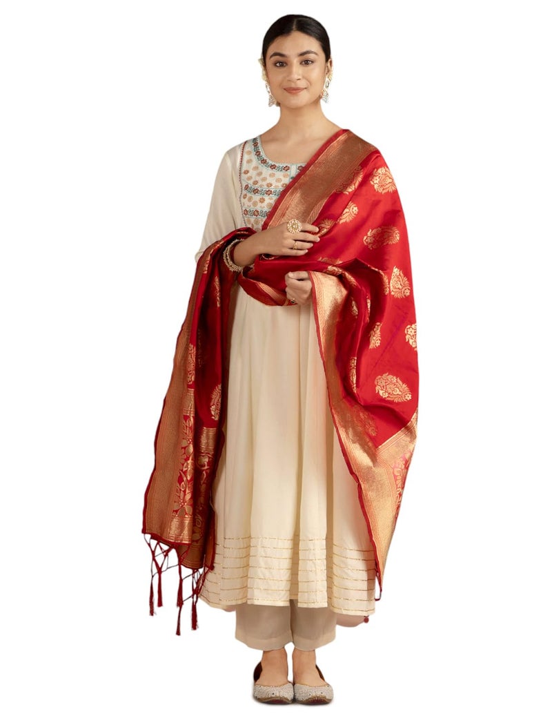 Kaari Women's Kurta Set with Dupatta - Anarkali Style | Gown Length | Placement Neck Embroidery & Gota Border | Rich Brocade Dupatta | Straight Pant | Kurta Set For Women - Image 4