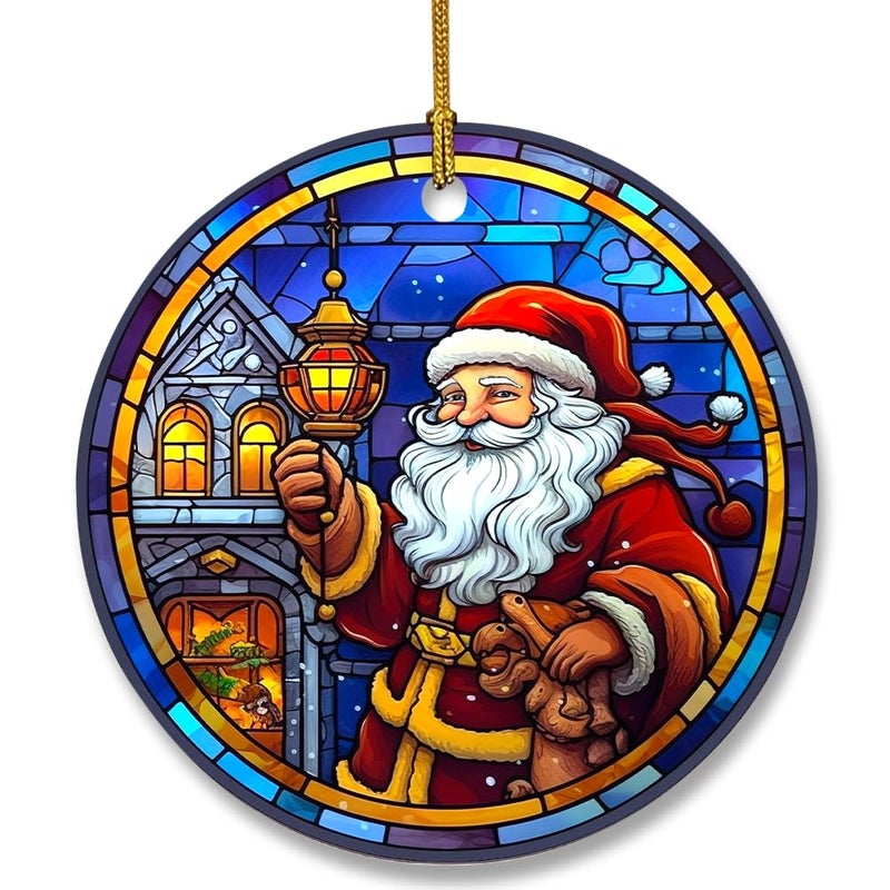 WLWLGLUCK Santa Claus Christmas Ornament  Ceramic Ornament for Christmas Tree Decorations  Stained Glass Patterns Christmas Hanging Ornament  Santa Claus Ornament for Christmas Home Decors - Image 1
