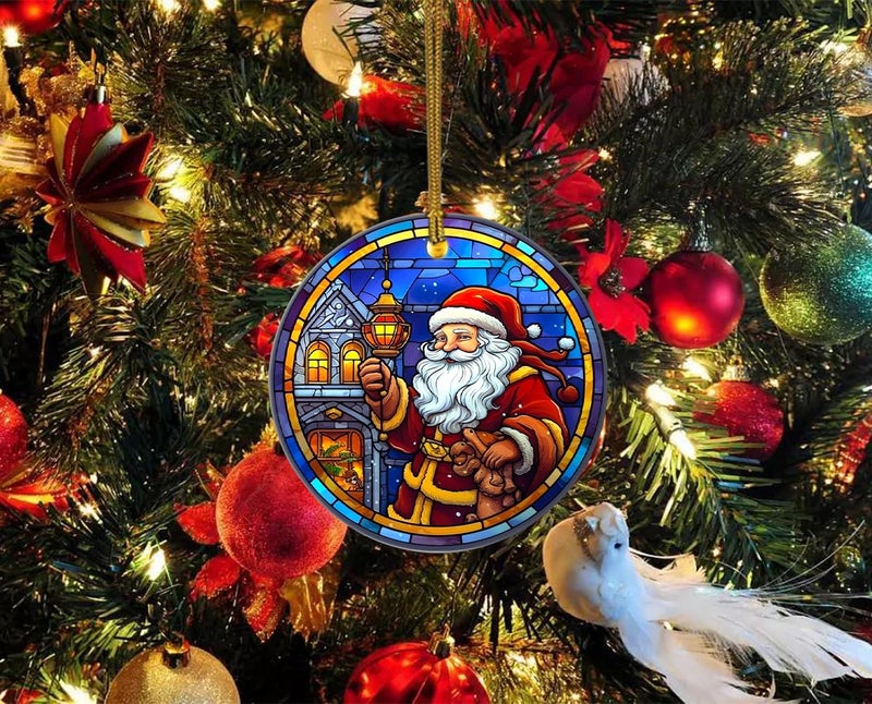 WLWLGLUCK Santa Claus Christmas Ornament  Ceramic Ornament for Christmas Tree Decorations  Stained Glass Patterns Christmas Hanging Ornament  Santa Claus Ornament for Christmas Home Decors - Image 3