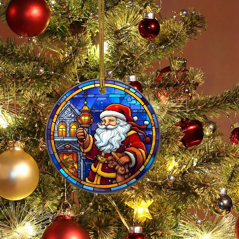 WLWLGLUCK Santa Claus Christmas Ornament  Ceramic Ornament for Christmas Tree Decorations  Stained Glass Patterns Christmas Hanging Ornament  Santa Claus Ornament for Christmas Home Decors - Image 4