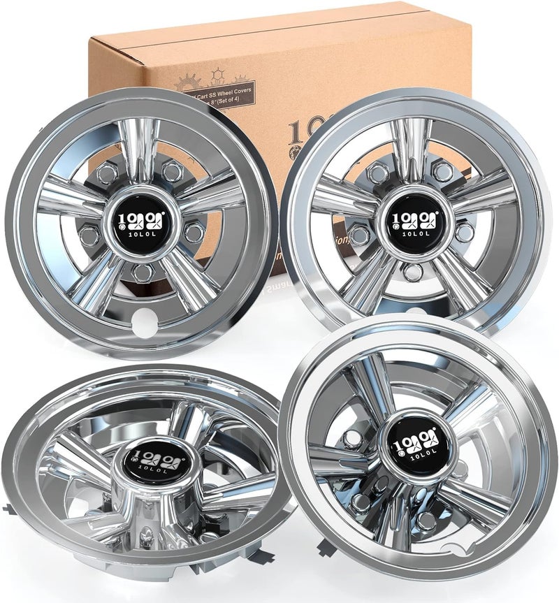 10L0L Golf Cart Hubcaps 8 inch Wheel Covers for Club Car, EZGO, Yamaha, Hub Cap 8" Set of 4, Chrome Silver - Image 1