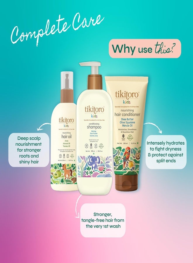 Tikitoro Kids Complete Hair Combo | Nourishing Oil, Shampoo & Conditioner Set | Gentle Cleansing, Hair Growth & Frizz Control | No Parabens & Sulphates (Age 4+) (300ml x 1 & 150ml x 2) - Image 3