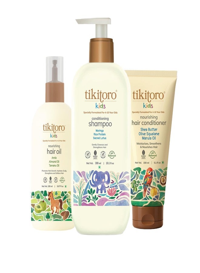 Tikitoro Kids Complete Hair Combo | Nourishing Oil, Shampoo & Conditioner Set | Gentle Cleansing, Hair Growth & Frizz Control | No Parabens & Sulphates (Age 4+) (300ml x 1 & 150ml x 2) - Image 1