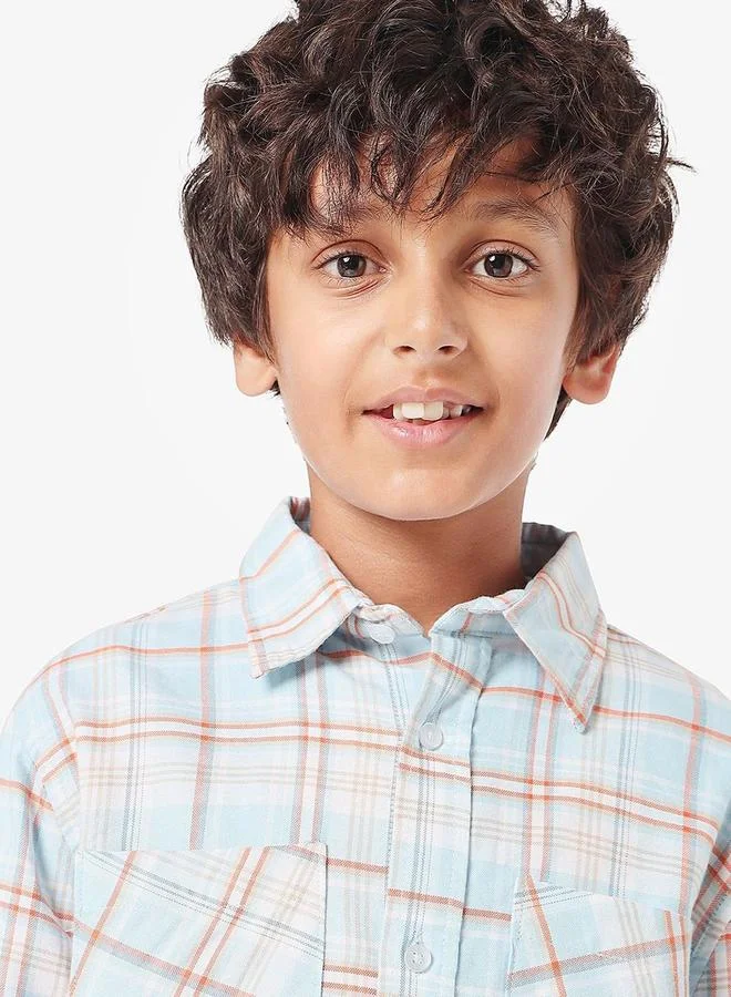 بونكيدز Regular Long Sleeve Printed Aqua Cotton Shirt For Boys 100 % Cotton