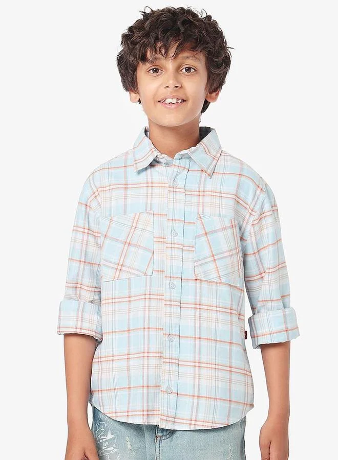 بونكيدز Regular Long Sleeve Printed Aqua Cotton Shirt For Boys 100 % Cotton