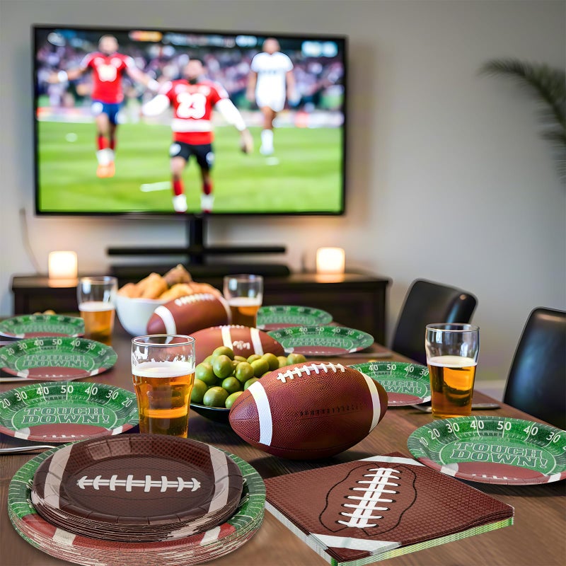 Litmitfu 96 Pcs Football Party Supplies Kit - Football Plates and Napkins Sets, Touchdown Party Paper Dinner Dessert Plates Luncheon Napkins Tableware for Footballs Birthday Game Day Tailgate Table Decor - Image 2