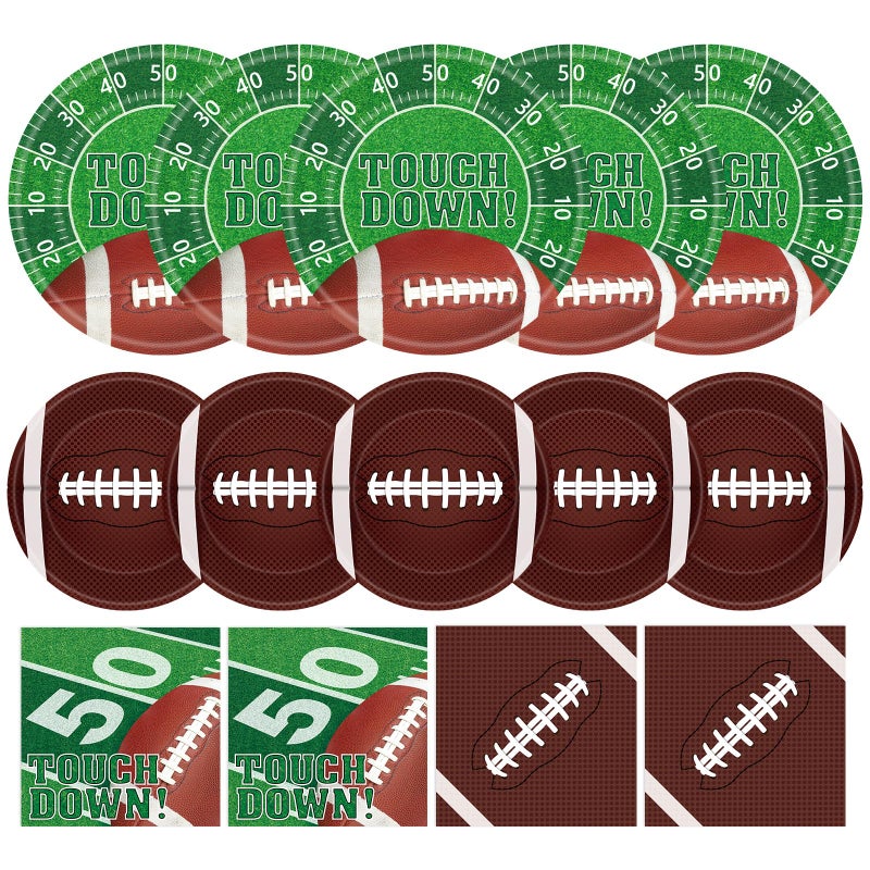 Litmitfu 96 Pcs Football Party Supplies Kit - Football Plates and Napkins Sets, Touchdown Party Paper Dinner Dessert Plates Luncheon Napkins Tableware for Footballs Birthday Game Day Tailgate Table Decor - Image 1