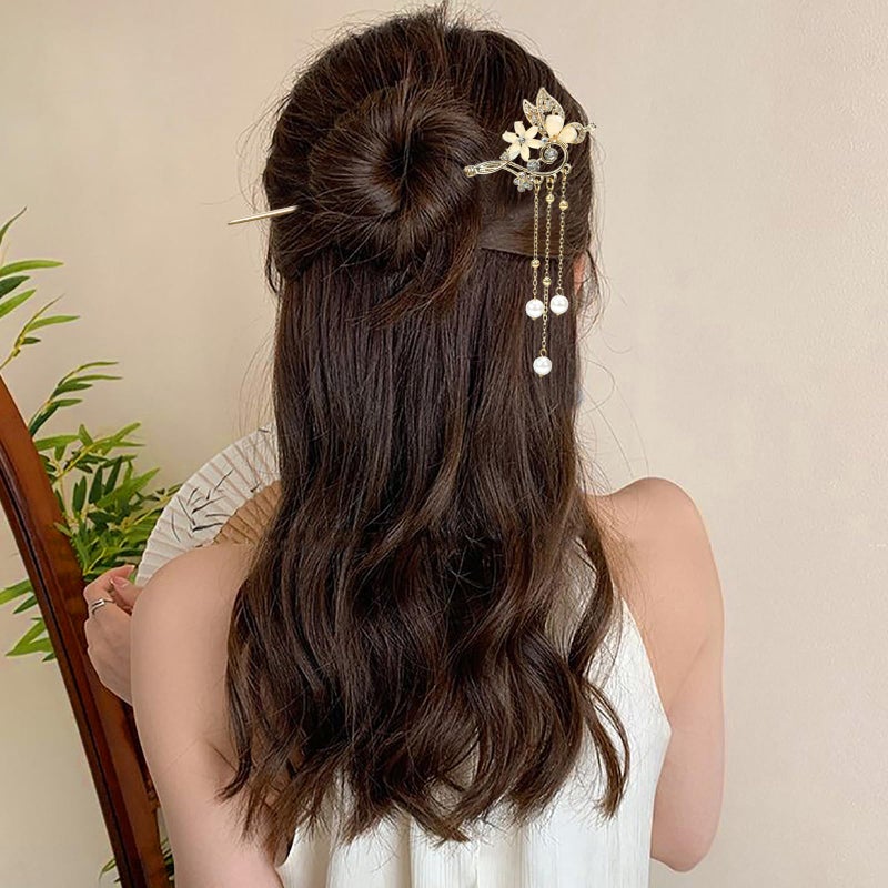 BQSAZHYJ 2Packs Lily of the Valley Chinese Hair Sticks for Buns, Pearl Flower Vintage Metal Hair Chopsticks for Women and Girls Dangle Tassel Pendant Hair Accessories Hanfu Handmade Decor Hairpin (beige) - Image 5