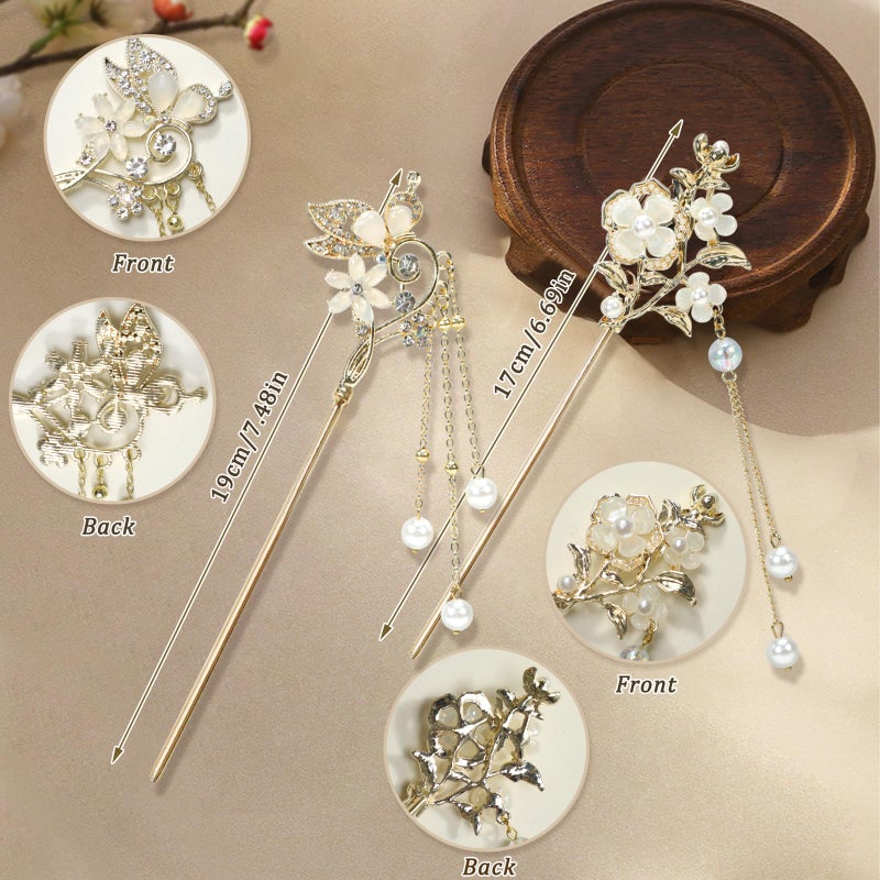 BQSAZHYJ 2Packs Lily of the Valley Chinese Hair Sticks for Buns, Pearl Flower Vintage Metal Hair Chopsticks for Women and Girls Dangle Tassel Pendant Hair Accessories Hanfu Handmade Decor Hairpin (beige) - Image 3