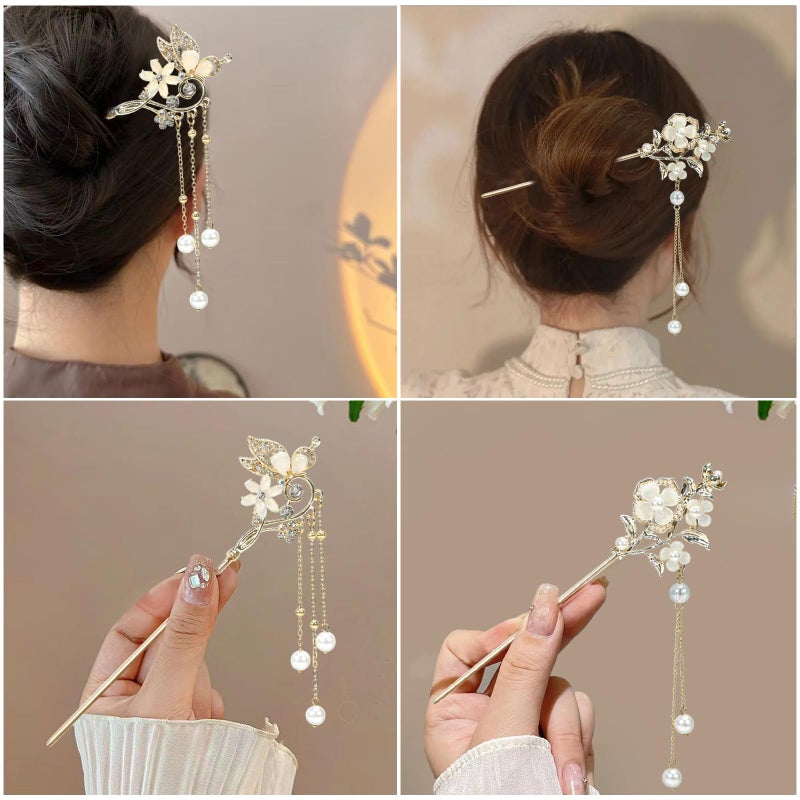 BQSAZHYJ 2Packs Lily of the Valley Chinese Hair Sticks for Buns, Pearl Flower Vintage Metal Hair Chopsticks for Women and Girls Dangle Tassel Pendant Hair Accessories Hanfu Handmade Decor Hairpin (beige) - Image 2
