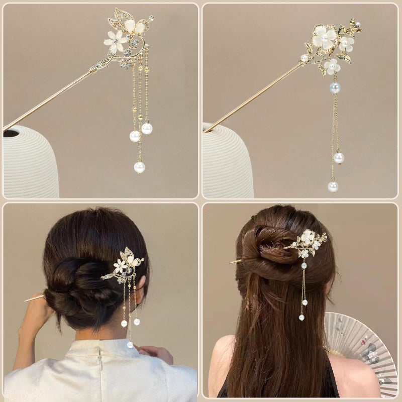 BQSAZHYJ 2Packs Lily of the Valley Chinese Hair Sticks for Buns, Pearl Flower Vintage Metal Hair Chopsticks for Women and Girls Dangle Tassel Pendant Hair Accessories Hanfu Handmade Decor Hairpin (beige) - Image 4