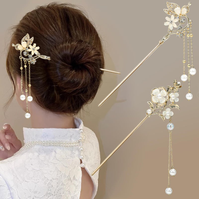 BQSAZHYJ 2Packs Lily of the Valley Chinese Hair Sticks for Buns, Pearl Flower Vintage Metal Hair Chopsticks for Women and Girls Dangle Tassel Pendant Hair Accessories Hanfu Handmade Decor Hairpin (beige) - Image 1