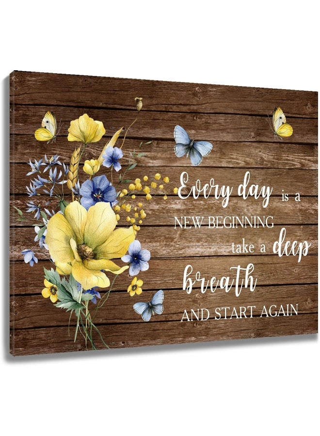 LB Floral Wall Art for Bathroom Blue Yellow Wildflower and Butterfly Inspirational Quotes Abstract Canvas Wall Art Brown Wall Pictures for Living Room Bedroom Office Ready To Hang, 20x16 Inch - Image 1