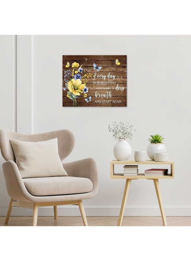 LB Floral Wall Art for Bathroom Blue Yellow Wildflower and Butterfly Inspirational Quotes Abstract Canvas Wall Art Brown Wall Pictures for Living Room Bedroom Office Ready To Hang, 20x16 Inch - Image 2