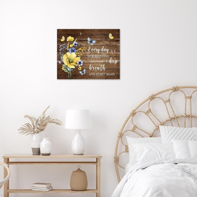 LB Floral Wall Art for Bathroom Blue Yellow Wildflower and Butterfly Inspirational Quotes Abstract Canvas Wall Art Brown Wall Pictures for Living Room Bedroom Office Ready To Hang, 20x16 Inch - Image 4
