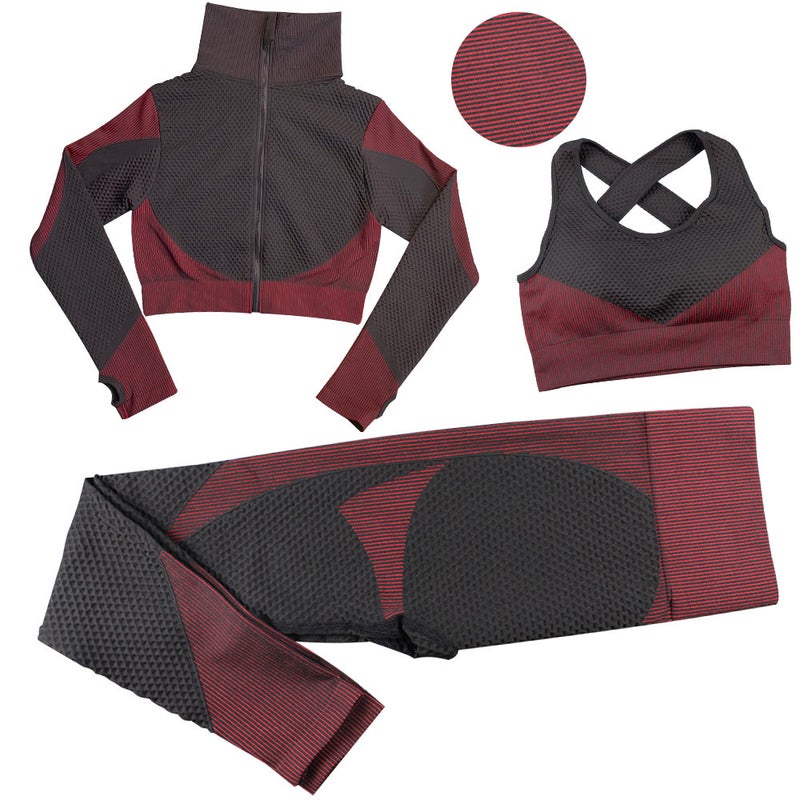 Striped Seamless Yoga Suit Long Pants Bra Set black red  - Image 1