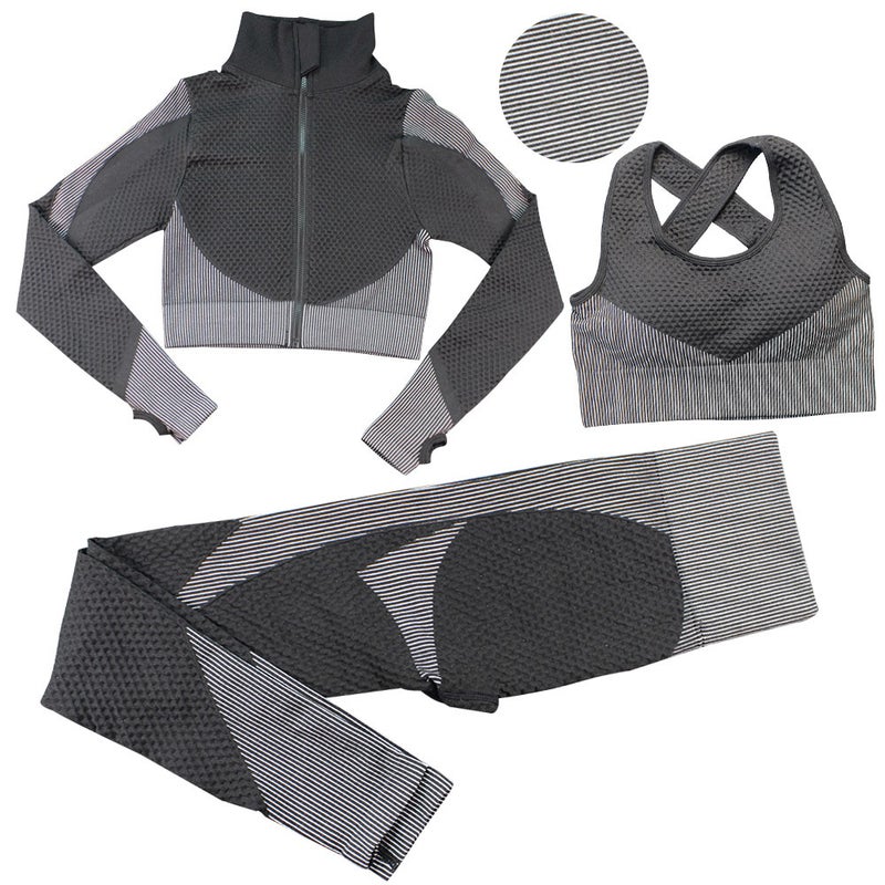 Striped Seamless Yoga Suit Long Pants Bra Set black red  - Image 2