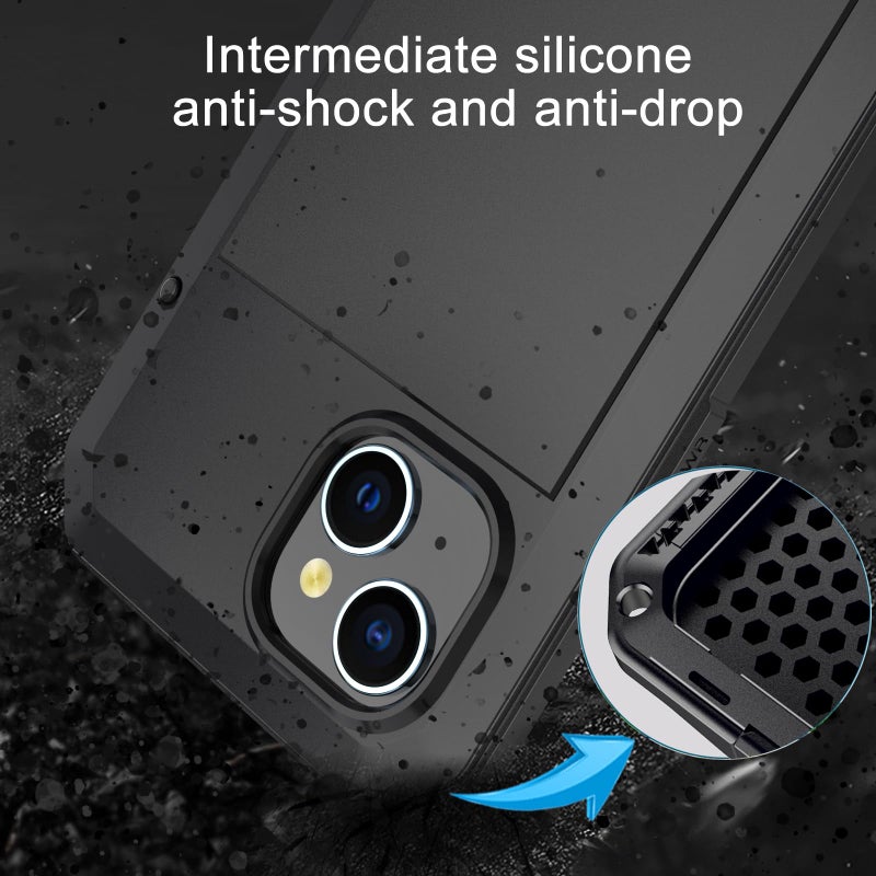 Marrkey Compatiable with iPhone 15 Case,360 Full Body Protective Cover Heavy Duty Shockproof Tough Armour Aluminum Alloy Metal Case with Silicone Built-in Screen Protector - Black - Image 4