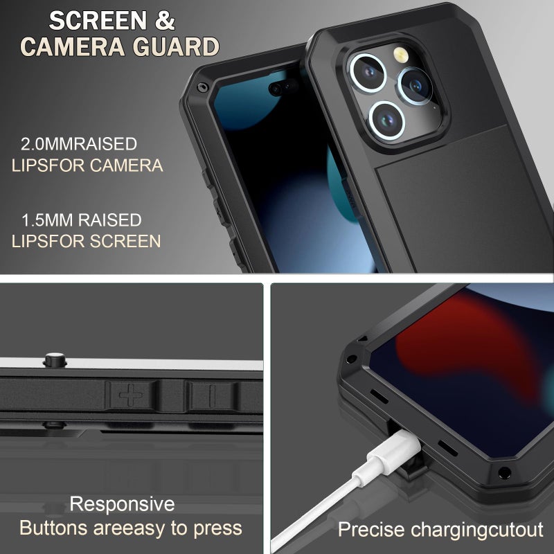 Marrkey Compatiable with iPhone 15 Case,360 Full Body Protective Cover Heavy Duty Shockproof Tough Armour Aluminum Alloy Metal Case with Silicone Built-in Screen Protector - Black - Image 2