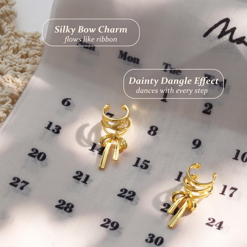 KRFY 1 Pair Bow Ear Cuffs Non Piercing for Women - Adjustable Dangle Cuff Earrings Sparkling 16K Gold Plated Wrap Clip On Cartilage Helix Conch Fake Earrings Faux Jewelry - Image 2