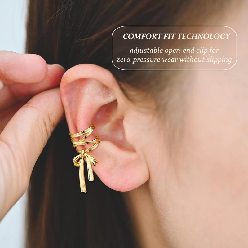 KRFY 1 Pair Bow Ear Cuffs Non Piercing for Women - Adjustable Dangle Cuff Earrings Sparkling 16K Gold Plated Wrap Clip On Cartilage Helix Conch Fake Earrings Faux Jewelry - Image 3